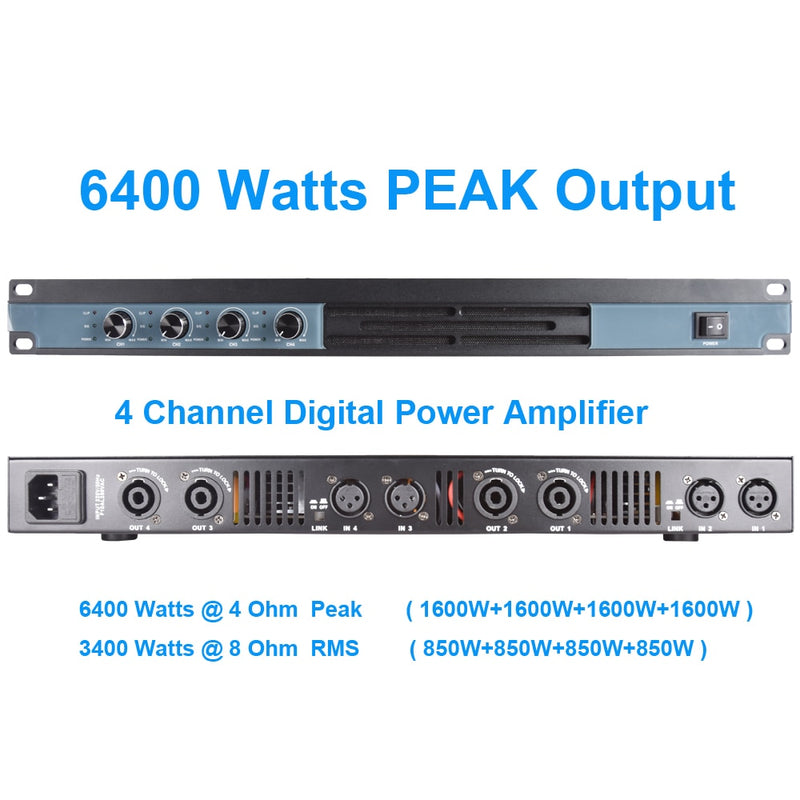 Advanced Digital Amplifier 4 Channel 6400 Watts 2 Ch 3200W High Power AMP 1U Drive 8 10 12 15 18 inch Speaker - MiCWL Audio Inc