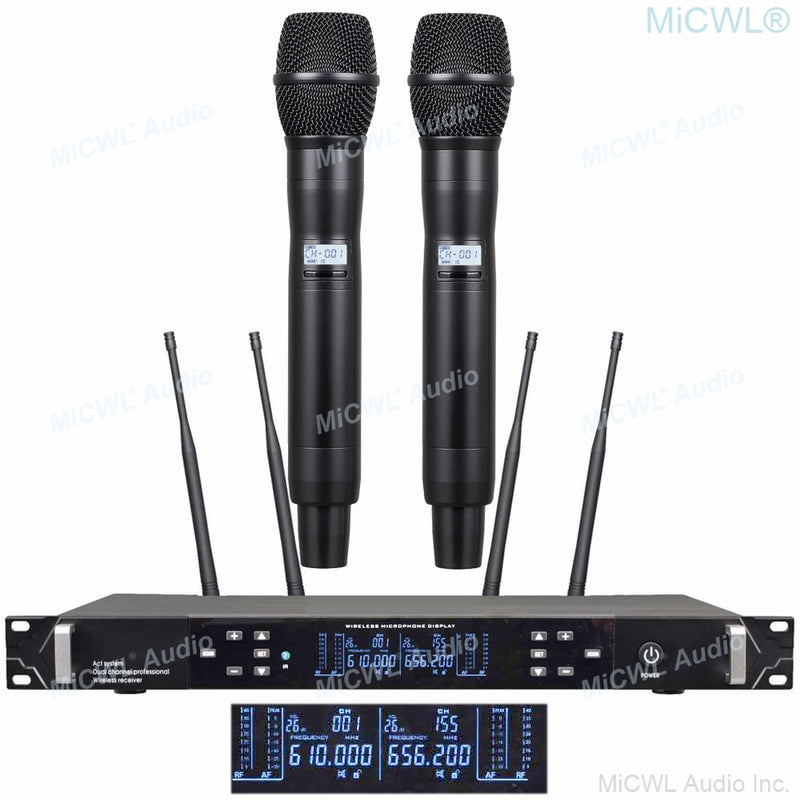 MiCWL ACT-702 UHF True Diversity Stage Performance Wireless Microphone System 2 Beige Headset Two Metal Handheld Dynamic Mic Set