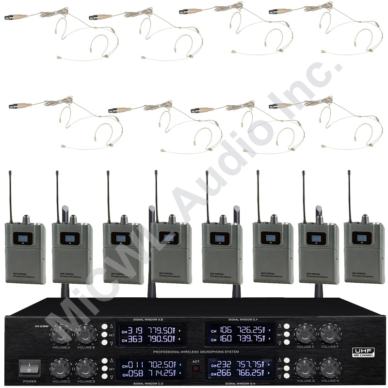 Professional Digital Wireless Audio Microphone 8 Desktop Metal Handheld Headset Lavalier Cordless Set Large Range 400 Channel