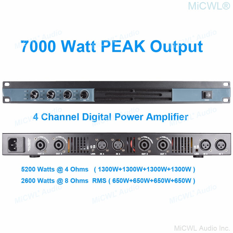 MiCWL Audio 5200W Digital Power Amplifier 4 Channel Karaoke Stage Audio Microphones Speaker AMP 4 x 650W Amplifier 6400 Watt