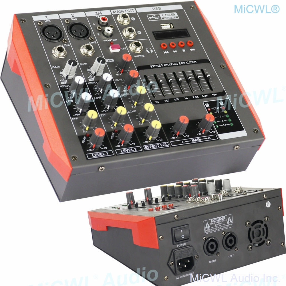 MiCWL 4 Channel Power Mixer 1000W Preamps Power Amplifier Mixing Console  USB 48V Phantom Bluetooth Red Sound Mixer 110V 220V