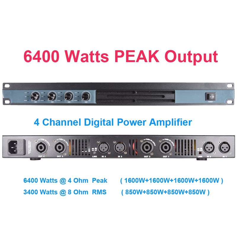 Advanced 4 Channel 6400 Watts D-Class Digital Power Amplifier 1U 19" For Stage Performance Home Studio Karaoke AMP