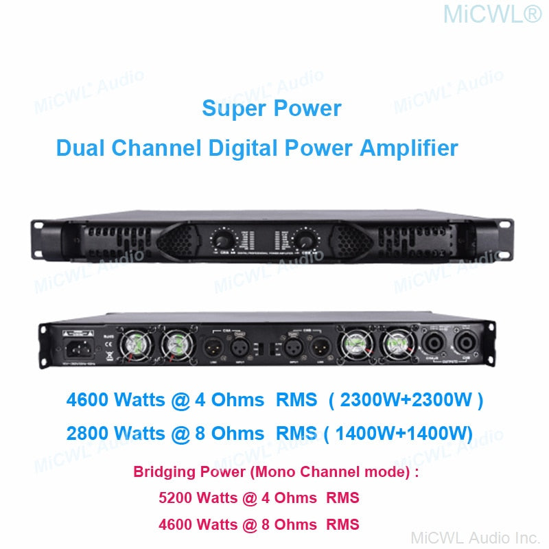 MiCWL Audio 5200W Digital Power Amplifier 4 Channel Karaoke Stage Audio Microphones Speaker AMP 4 x 650W Amplifier 6400 Watt - MiCWL Audio Inc