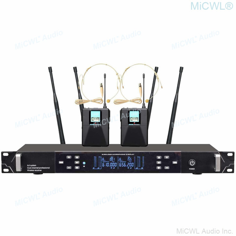 MiCWL ACT-702 UHF True Diversity Stage Performance Wireless Microphone System 2 Beige Headset Two Metal Handheld Dynamic Mic Set