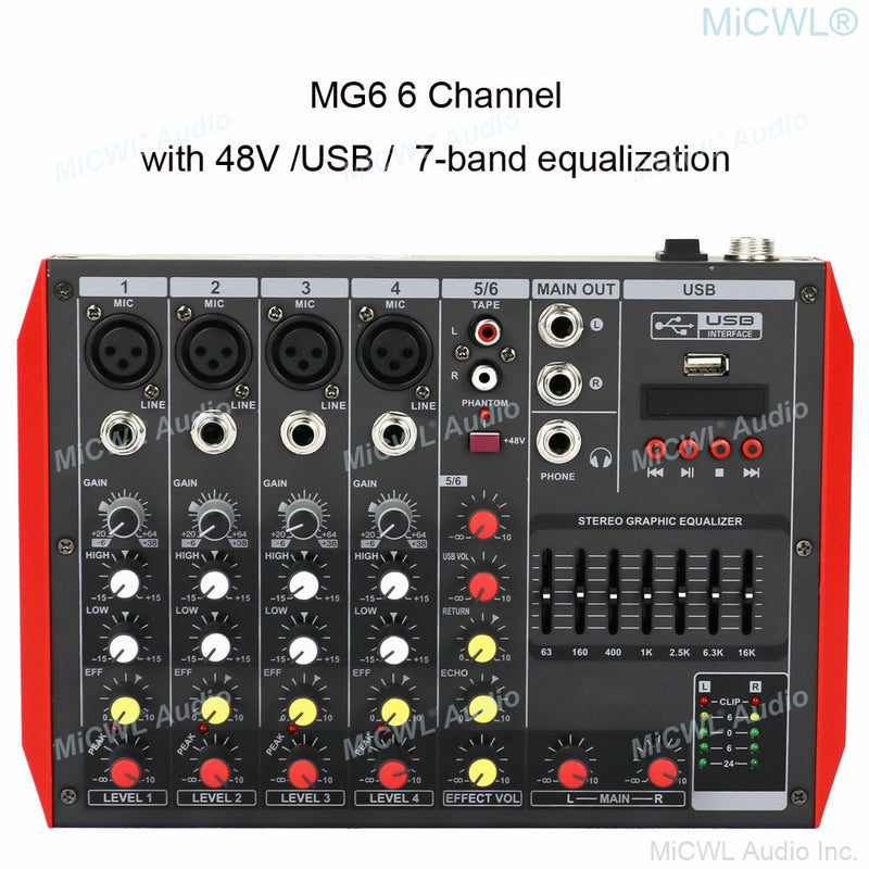 YAMAH MG6 6 Channel Bluetooth DJ Karaoke Laptop Live Mixer 4+2 Sound Card Mixing Console with USB 48V Phantom 7-Brand EQ - MiCWL Audio Inc