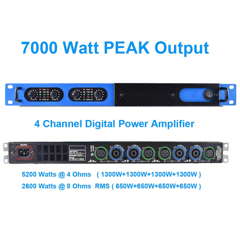 Advanced 4 Channel 6400 Watts D-Class Digital Power Amplifier 1U 19" For Stage Performance Home Studio Karaoke AMP