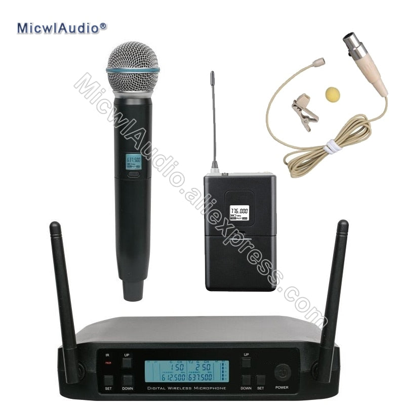 UHF Bodypack+Handheld With Headset Lavaliver Omnidirectional Wireless Microphone Frequency Adjustable Perfect For Stage Karaoke