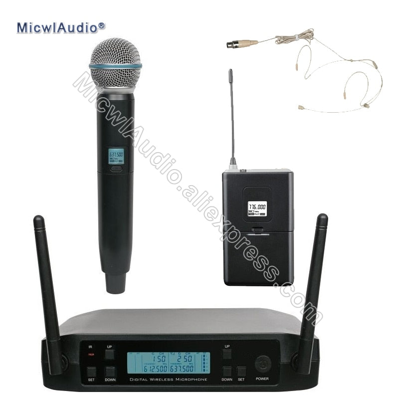 UHF Bodypack+Handheld With Headset Lavaliver Omnidirectional Wireless Microphone Frequency Adjustable Perfect For Stage Karaoke