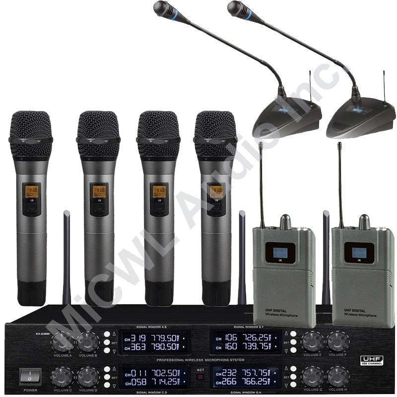 Professional Digital Wireless Audio Microphone 8 Desktop Metal Handheld Headset Lavalier Cordless Set Large Range 400 Channel