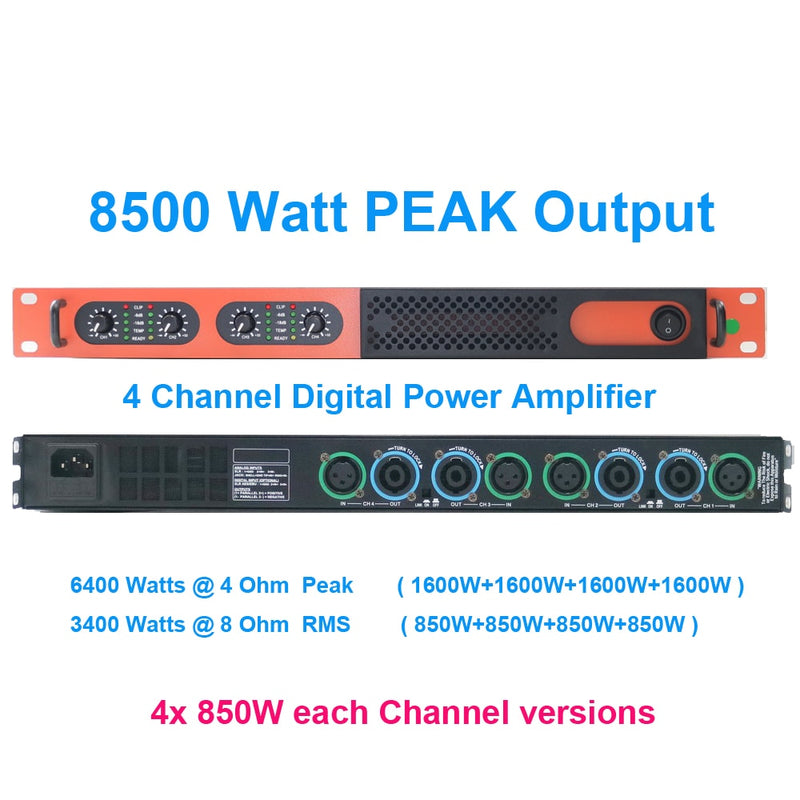 Advanced 4 Channel 6400 Watts D-Class Digital Power Amplifier 1U 19" For Stage Performance Home Studio Karaoke AMP