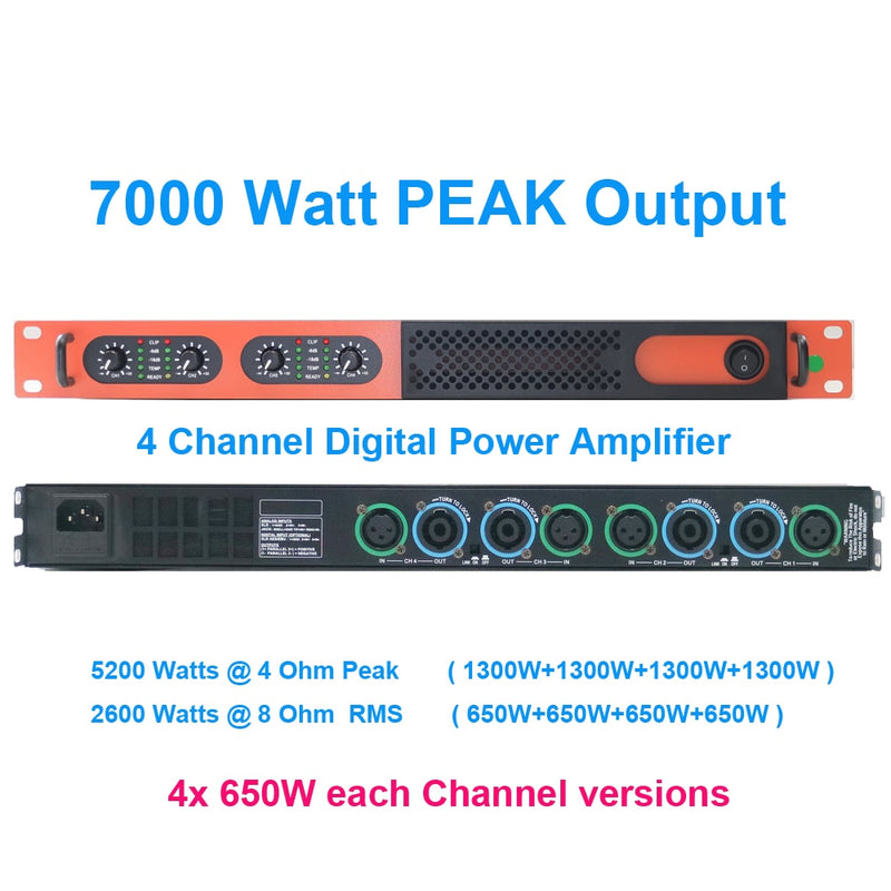 Advanced 4 Channel 6400 Watts D-Class Digital Power Amplifier 1U 19" For Stage Performance Home Studio Karaoke AMP