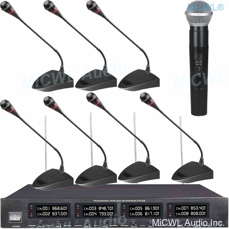 MiCWL 8 LED Channel Wireless Table Gooseneck Microphone loudspeaker System 8 Desktop 8 Belt Lapel Handheld Mics for Meeting Room