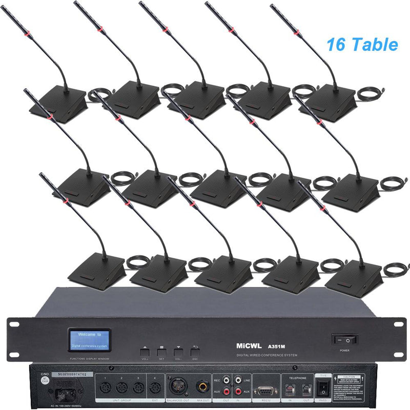 MiCWL High-End 16 Table Digital Wired Gooseneck Microphone Discussion Conference System 16 Desktop A3517 Mics Built-in Horn - MiCWL Audio Inc