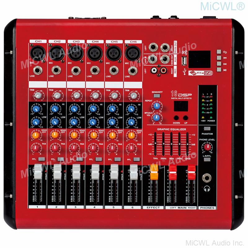 MiCWL 6 Channel Mixer 1000W Power Amplifier Preamps DJ Mixing Console DSP USB 48V Phantom Bluetooth Red Sound Mixer 110V or 220V