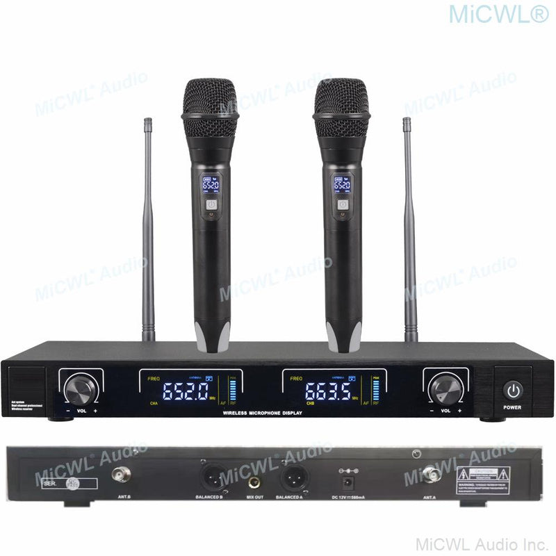 MiCWL U250 UHF 2 Channel Karaoke Wireless Microphones System Dual Metal Handheld Dynamic Mics