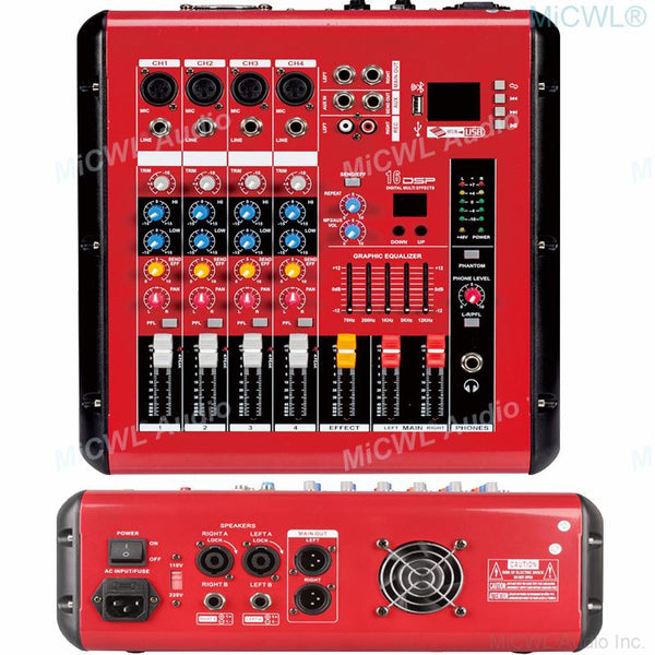 MiCWL 4 Channel Power Mixer 1000W Preamps Power Amplifier Mixing Console USB 48V Phantom Bluetooth Red Sound Mixer 110V 220V