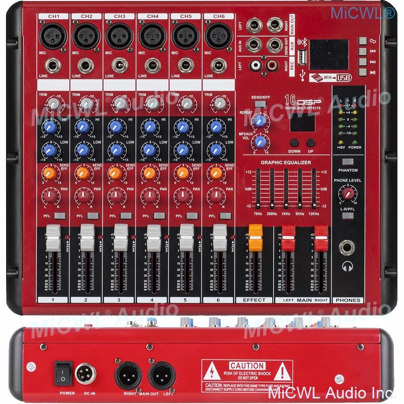 Red 6 Channel Bluetooth Audio Mixer Sound Mixing Console Karaoke Music  LED DJ Live Mixer USB MP3 EQ 48V Phantom Power XLR 3Pin