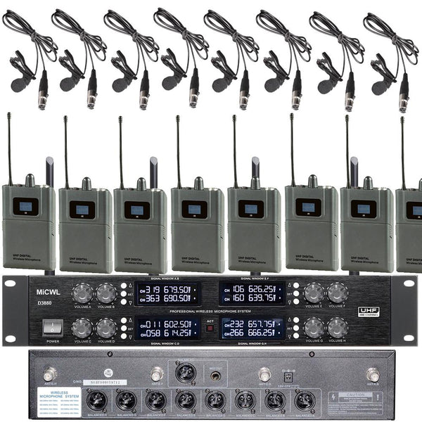 MiCWL D3880 Professional Wireless Microphone UHF 8 Channel 8 Radio Lapel Clip-On Lavalier Mic Independent XLR Connector