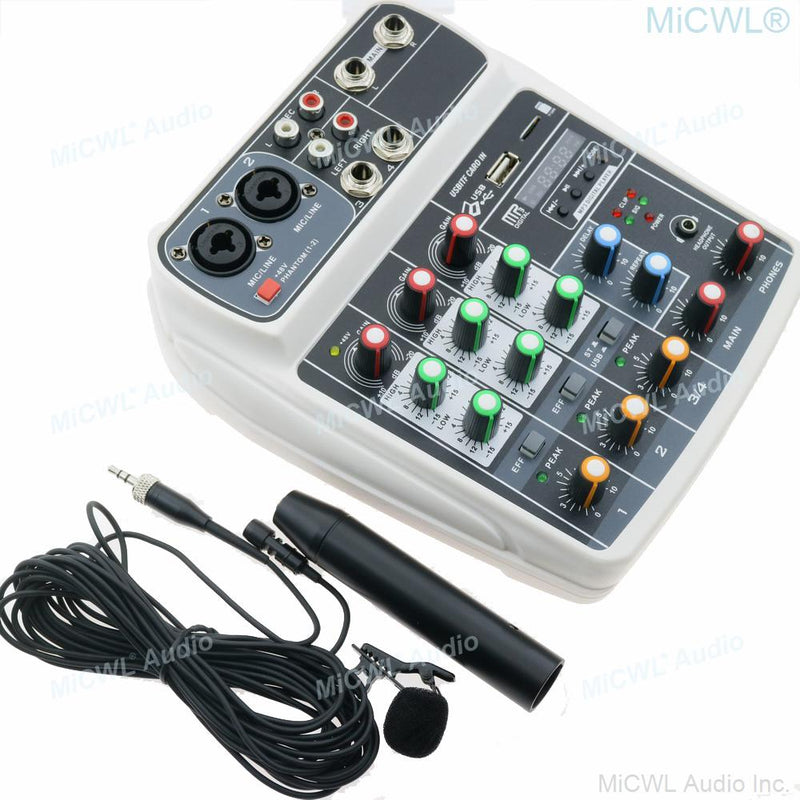 MiCWL 10m Phantom Power Lavalier Microphones with Mixer 4 Channel Sound Mixing Console 2 XLR 3Pin 2 6.35mm Input