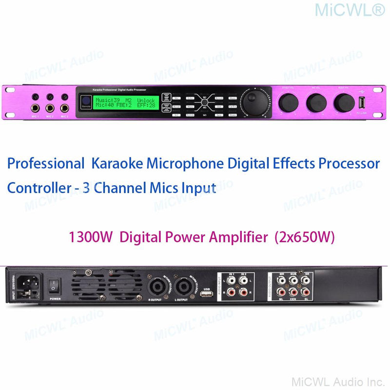 MiCWL 2 Channel 2600W Digital Power Amplifier Karaoke Microphone Effects Processor Controller 3 Mics Input USB to PC Two-In-Nne