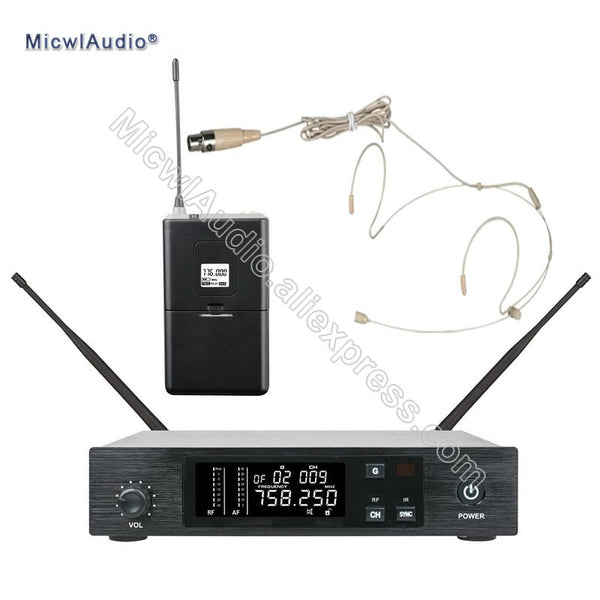 96 Channel Stage Performance Singing Wireless Microphone Speaking UHF System Transmitter Sets With Beige Headworn For Bodypack