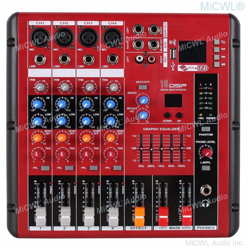 Pro Red 4 Channel Bluetooth Audio Mixer 4-Input 2-Bus XLR 3Pin DJ Live Sound Mixing Console with USB MP3 EQ 48V Phantom Power - MiCWL Audio Inc