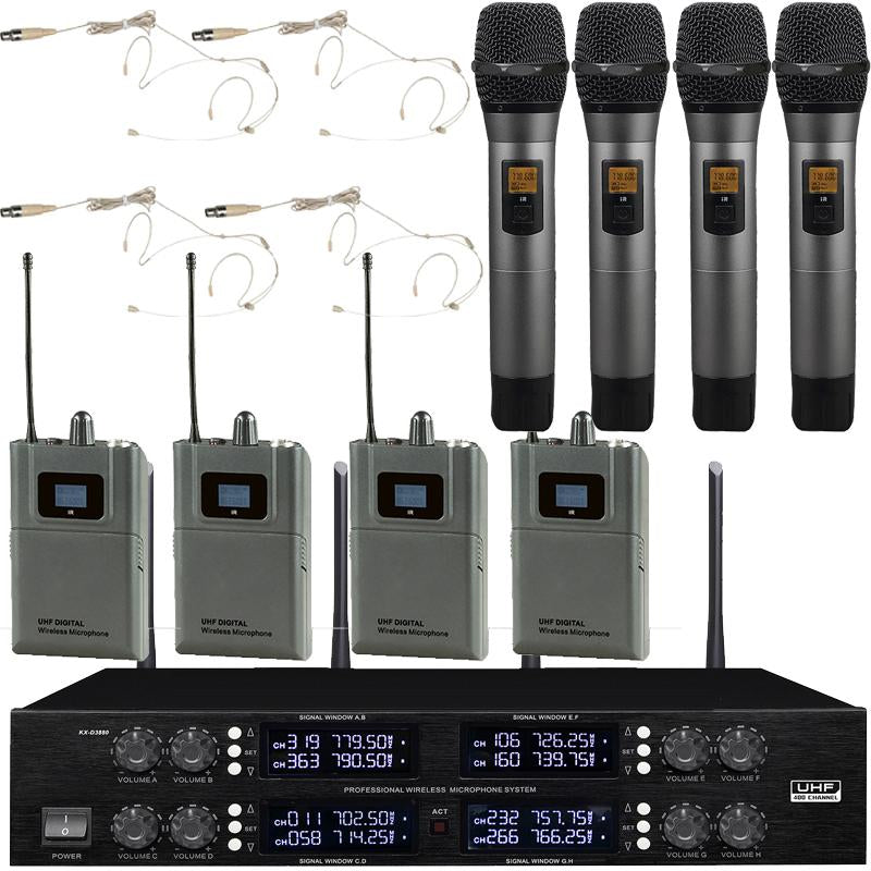 MiCWL Digital Wireless Microphone 400 Channel 4 Beige Headset 4 Handheld Microphones System