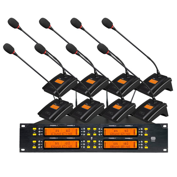 Professional UHF Adjustable Frequency 8 Table Conference Wireless Microphone System High Sensitivity Large Range Mics