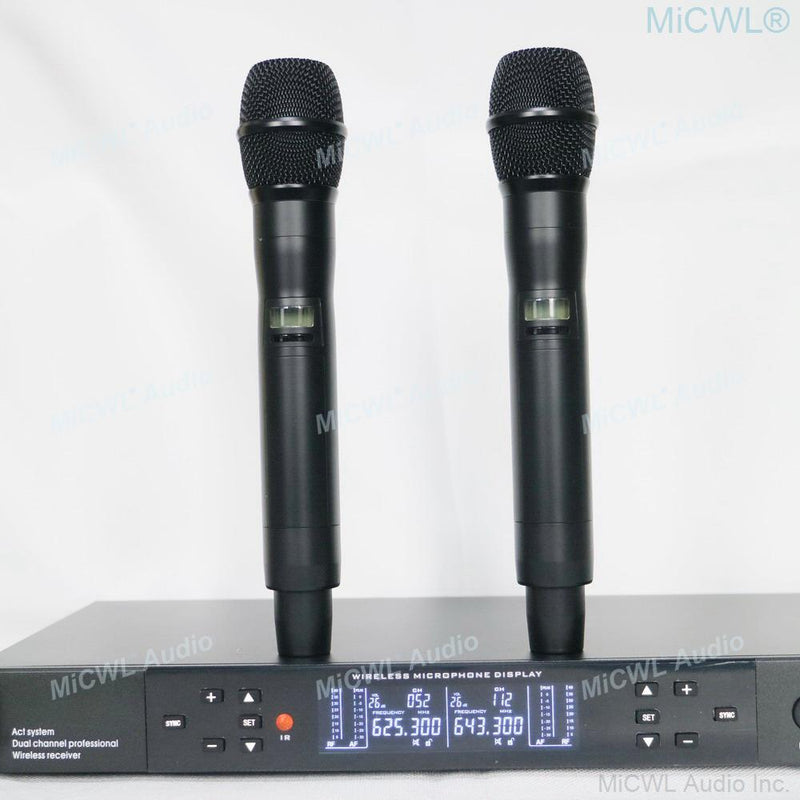 MiCWL ACT-702 UHF True Diversity Stage Performance Wireless Microphone System 2 Beige Headset Two Metal Handheld Dynamic Mic Set