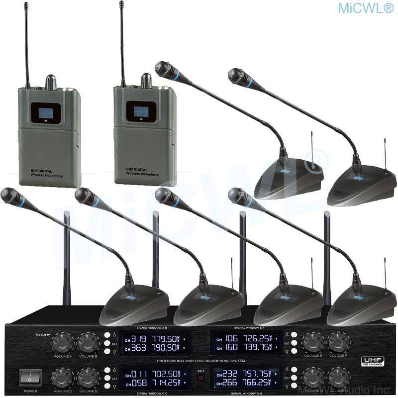 MiCWL D3880 400 Channel 6 Gooseneck Desktop 2 Lapel Wireless Conference Meeting Microphone Audio System - MiCWL Audio Inc