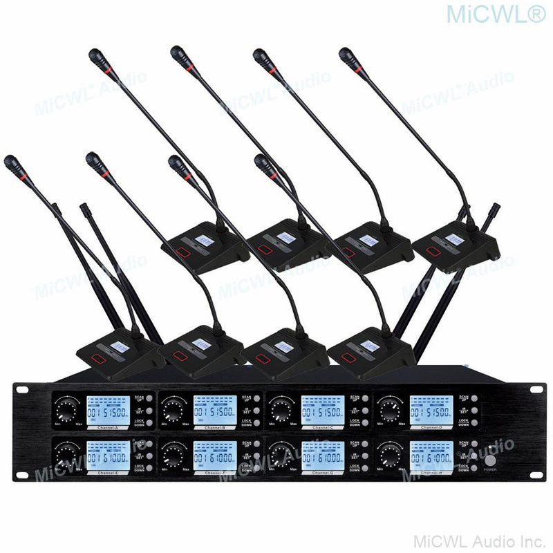 Super High-end UHF Wireless 8 Microphone Channel Table Desktop Gooseneck with Mute Function Conference Microphones System - MiCWL Audio Inc