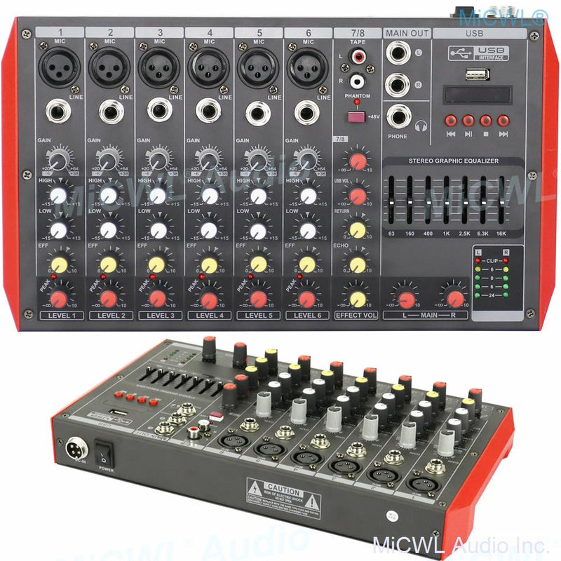 Portable 8 Channel Bluetooth Mixer Sound Mixing Console MG8 USB 48V Karaoke Music Computer Live Mixer 7-Band EQualizer