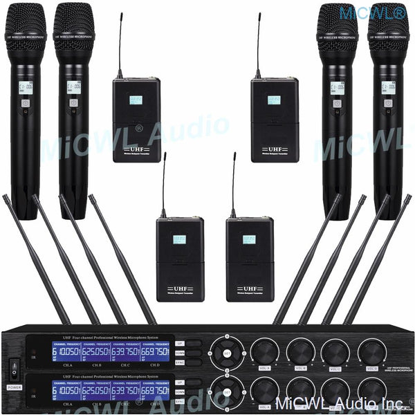 Good Quality MiCWL UHF Wireless 4 Handheld 4 Headset Microphone Stage vocal concert Karaoke Conference teaching church System