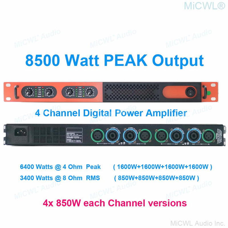 MiCWL 6400W Digital Power Amplifier 4 Channel 5200 Watts 2 Power Versions Speaker PreAMPs AMP Blue Orange - MiCWL Audio Inc