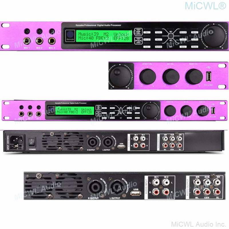 MiCWL 2 Channel 2600W Digital Power Amplifier Karaoke Microphone Effects Processor Controller 3 Mics Input USB to PC Two-In-Nne