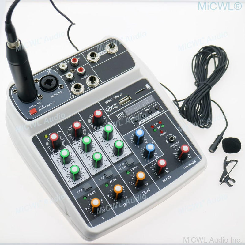 MiCWL 10m Phantom Power Lavalier Microphones with Mixer 4 Channel Sound Mixing Console 2 XLR 3Pin 2 6.35mm Input