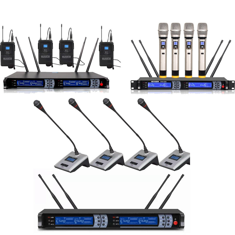 Professional 200 Channel 4 Gooseneck Wireless Microphone System 4 Handheld 4 Headset Lavalier Mic DJ Karaoke Sets