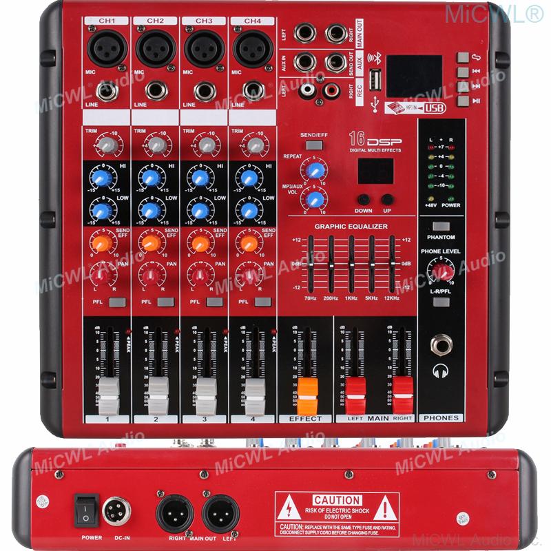 Pro Red 4 Channel Bluetooth Audio Mixer 4-Input 2-Bus XLR 3Pin DJ Live Sound Mixing Console with USB MP3 EQ 48V Phantom Power - MiCWL Audio Inc