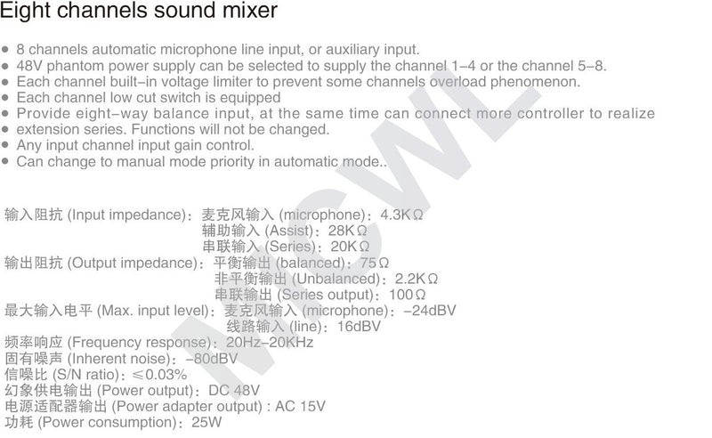 MICWL 8 Channel Audio Sound Mixer for Desktop Conference 48V Phantom XLR 3Pin Digital Effects Processor Preamps R2820