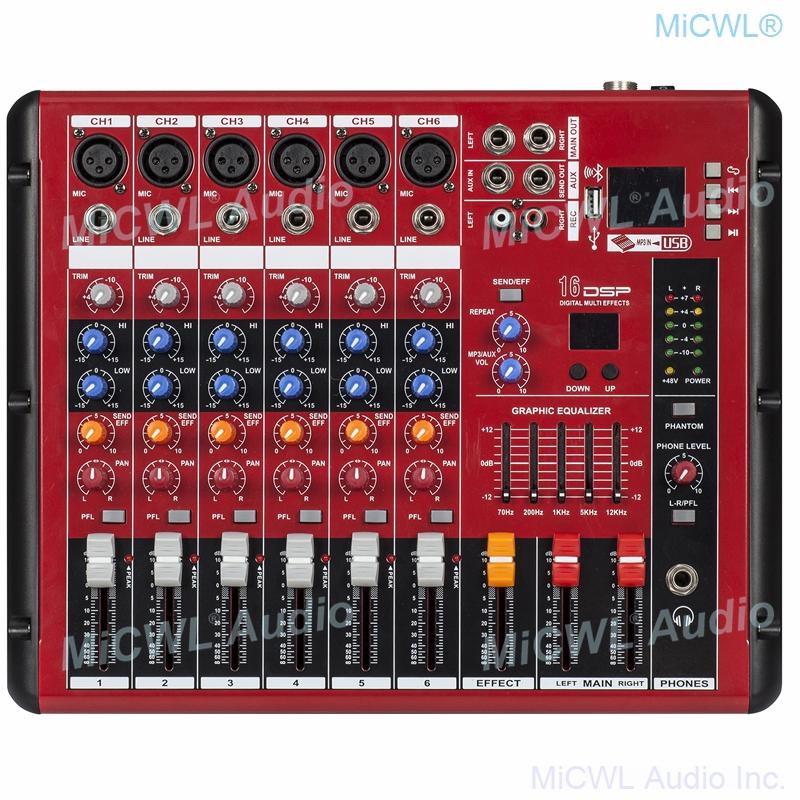 Red 6 Channel Bluetooth Audio Mixer Sound Mixing Console Karaoke Music LED DJ Live Mixer USB MP3 EQ 48V Phantom Power XLR 3Pin - MiCWL Audio Inc