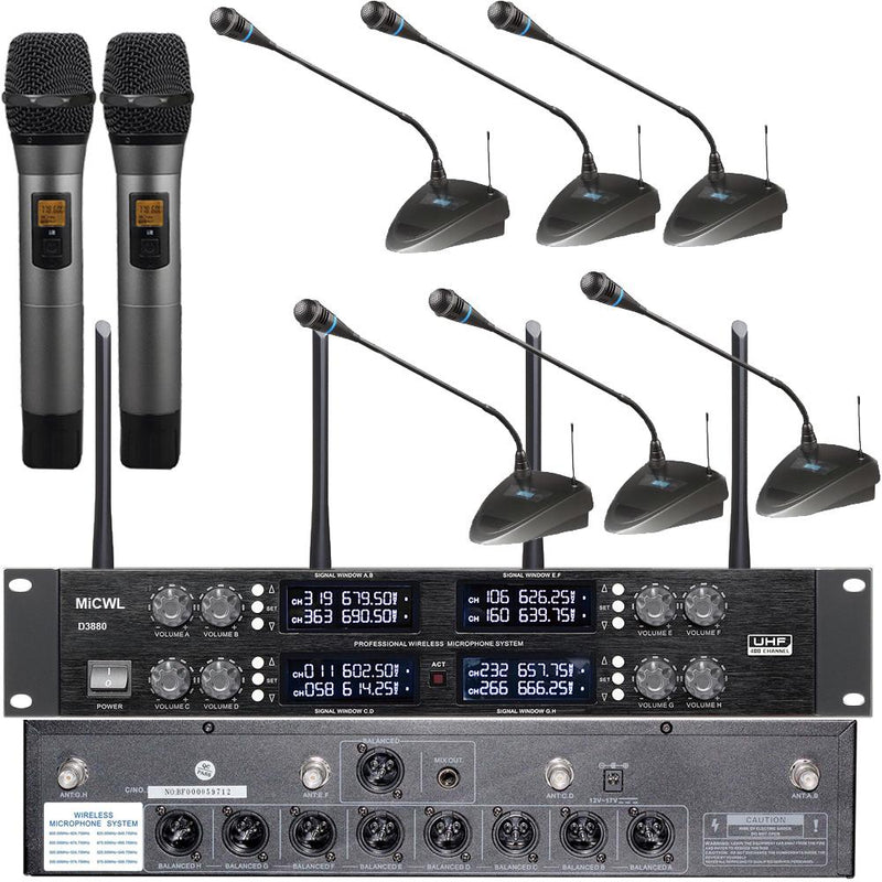 MiCWL D3880 Professional Wireless Microphone UHF 8 Channel 8 Radio Lapel Clip-On Lavalier Mic Independent XLR Connector