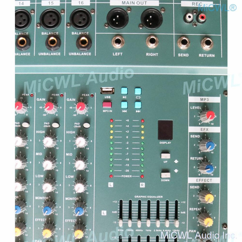 MiCWL 16 Channel Audio Mixer Record Mixing Console USB DSP Effect Professional USB 48V Stereo EQ - MiCWL Audio Inc