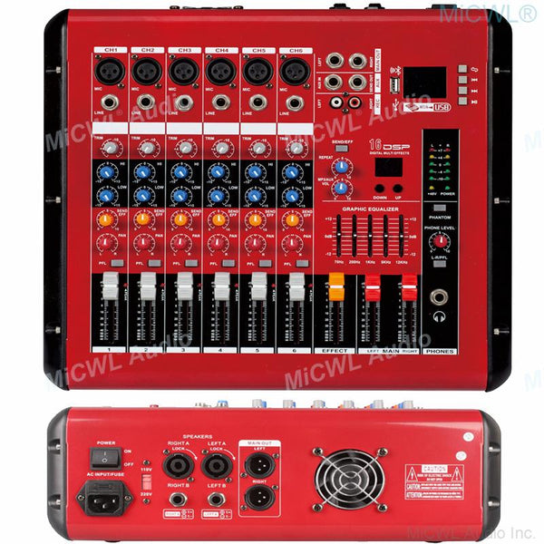 MiCWL 6 Channel Mixer 1000W Power Amplifier Preamps DJ Mixing Console DSP USB 48V Phantom Bluetooth Red Sound Mixer 110V or 220V - MiCWL Audio Inc